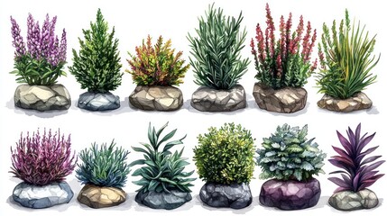 Collection of diverse shrubs planted in rocks, ideal for landscaping design