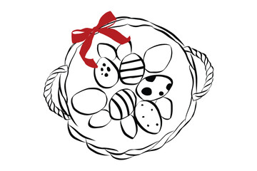 Basket with easter eggs in hand drawn coquette style. Cute design element with ribbon and bow in simple crayon and sketch. Trendy art for menu and banner for holidays. Doodle vector illustration