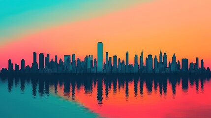 Dusk city skyline over water urban landscape colorful reflection skyscrapers vibrant atmosphere