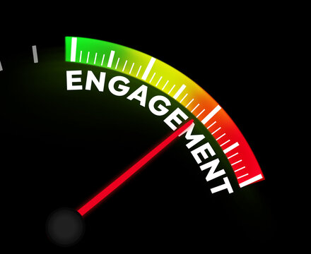 Increasing engagement on social media concept representation with speedometer backdrop. Colorful, business, leads, response - Powered by Adobe