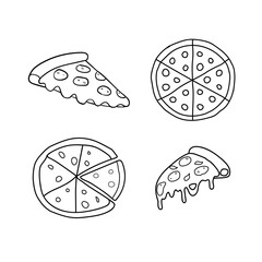 Set of pizza doodle, sliced pizza pieces and ingredients.