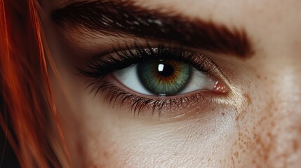 Fototapeta premium Close-up of a woman's expressive eye. Intense gaze, green and gold eye color, freckles, and reddish hair are visible