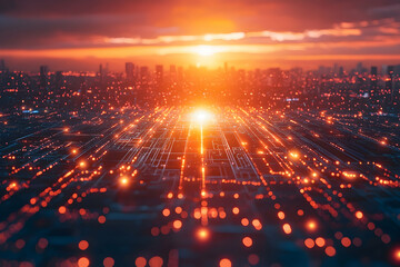 A futuristic cityscape glows with an intense light. The image suggests interconnected systems and digital networks. It evokes a sense of technological advancement and data transfer.