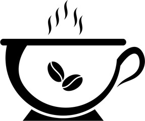 Hot Coffee Illustration with Steam and Coffee Beans, A minimalist black-and-white vector illustration of a coffee cup with steam rising from it, featuring two coffee beans inside. The design is clean 