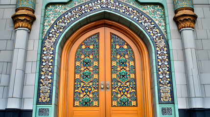 Obraz premium Ornate wooden doors with intricate tilework in teal, gold, and blue. The arched entryway is framed by detailed Islamic architecture and columns.