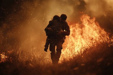 Fototapeta premium Heroic firefighter rescues individual from raging flames in a dramatic, emotional moment captured during a fire emergency
