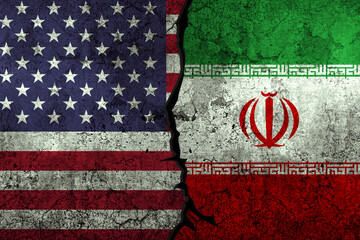 USA vs Iran political clashes and conflict representation with flags painted on grunge textured...