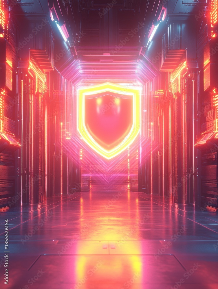 Poster Futuristic security theme with glowing shield symbol set in a digital environment featuring soft neon lights and advanced technology aesthetics