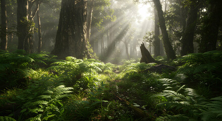 Fototapeta premium Sunlight Streaming Through Trees in a Lush Fern Filled Forest