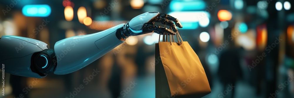 Aufkleber Futuristic delivery robot hands over grocery bag in clean cyberpunk environment with smooth lighting and vibrant reflections