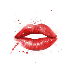 Red Lipstick Kiss Mark, watercolor illustration, isolated on a white background.