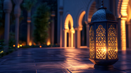 A lit Moroccan lantern sits on a stone floor in a dimly lit courtyard.  Intricate designs adorn the lantern, casting warm light against the cool stone. The scene evokes peace and tranquility.