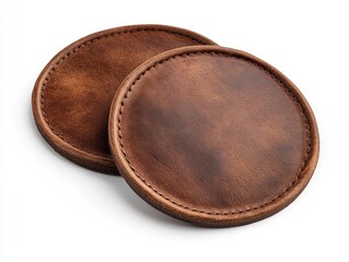 Two brown leather coasters, close-up, isolated