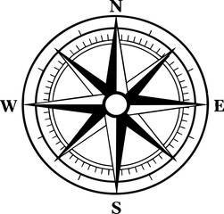 Illustrated compass rose displaying cardinal directions on a white background This image can be used for educational materials or design projects.