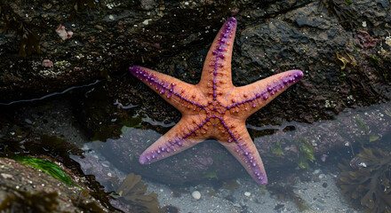 Starfish Resting on Rock Near Water Edge with Seaweed