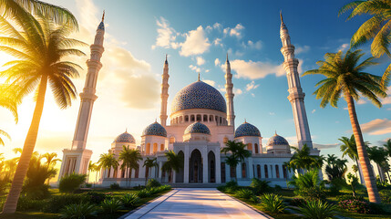 Obraz premium Stunning sunrise view of a magnificent white mosque with blue domes, surrounded by lush palm trees. Peaceful and serene atmosphere.