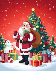 Santa Claus Holding Gifts in Front of a Christmas Tree - Festive Holiday Art, Santa Claus with Gifts, Christmas Celebration Scene, Festive Holiday Illustration, Magical Christmas Scene Santa 8K HD