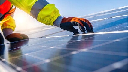 Technician Installing Solar Panels for Renewable Energy and Sustainability