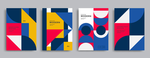 Modern geometric brochure covers with bold abstract shapes in blue, red, yellow, and white. Contemporary design with a clean layout, ideal for branding, business presentations