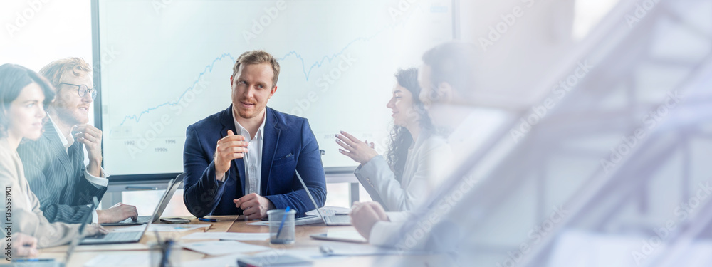 Poster a group of business professionals are seated around a conference table, engaged in a discussion. the