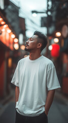 Fototapeta premium Asian man in deep thought with eyes closed, enjoying a moment of reflection and serenity in a bustling city street.