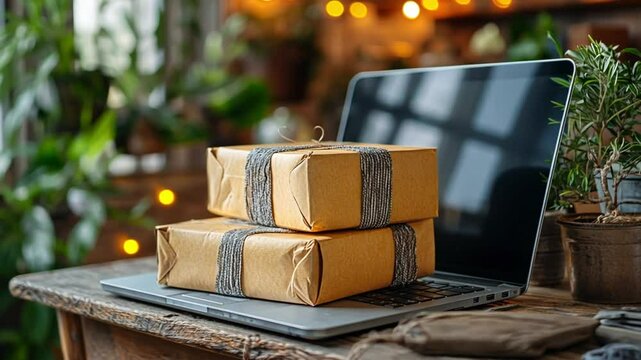 Online Business, E-commerce, Packages on Laptop