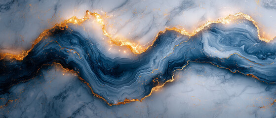 Fototapeta premium Élégant marbre blanc avec nervures bleues et dorées – Illustration hyperréaliste et luxueuse