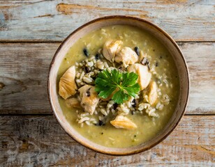 Creamy Chicken and Wild Rice Soup Photographed Top-Down in Deep Bowl Against Warm Rustic Kitchen Light