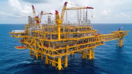 Offshore platform in ocean, extracting fuel from seabed, blue waters, overcast sky