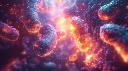 Microscopic organisms glowing, vibrant colors