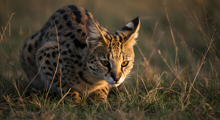 Obraz premium Spotted Wildcat Crouching in Grassy Field During Golden Hour Light