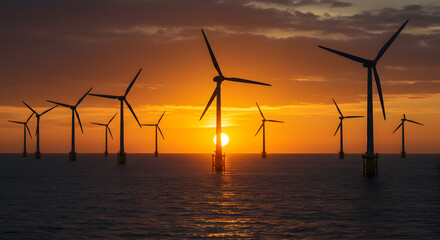 Obraz premium Wind Turbines Generating Clean Energy at Sea During Stunning Sunset