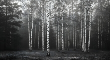Naklejka premium Birch Tree Forest in Fog Creates Moody and Atmospheric Scene