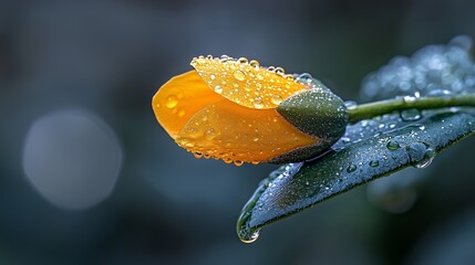 Yellow Flower Bud with Raindrops on Leaves in Nature, Macro Photography