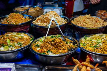Assortment of Stir-Fried Noodles and Fried Rice at Vientiane Night Market Street Food Stall, Laos