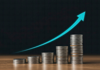 Rising interest rates and stock market profits represented by stacked coins and an uptrend chart