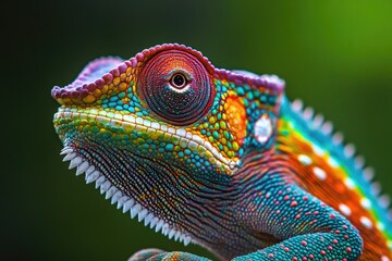 Fototapeta premium A detailed view of a chameleon captured in Canada, showcasing its vibrant colors and unique features.