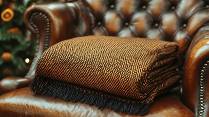 Obraz premium Folded orange and black herringbone throw blanket on a brown leather armchair.