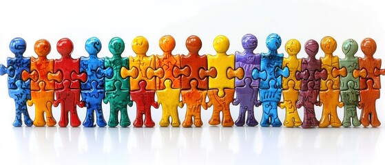 Colorful puzzle pieces shaped as people, joined together, symbolizing unity and teamwork