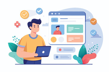 Vector illustration features a person engaged with a laptop while interacting with a user interface, showcasing technology and communication in a modern workspace