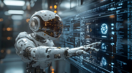 Fototapeta premium A futuristic robot interacts with a complex data display suggesting applications in advanced computing or data analysis. It is likely involved in processing large amounts of information.
