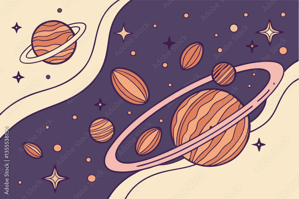 Poster colorful minimal vector illustration of planets and stars in a whimsical space setting with rings an