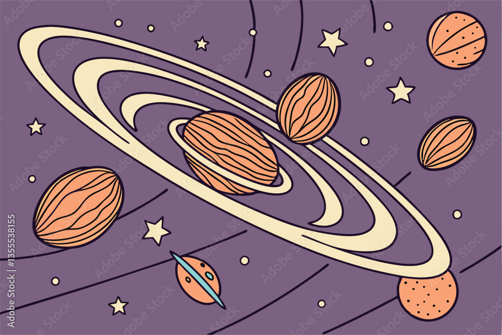 Poster colorful minimal vector illustration of planets and stars in a whimsical space setting with rings an