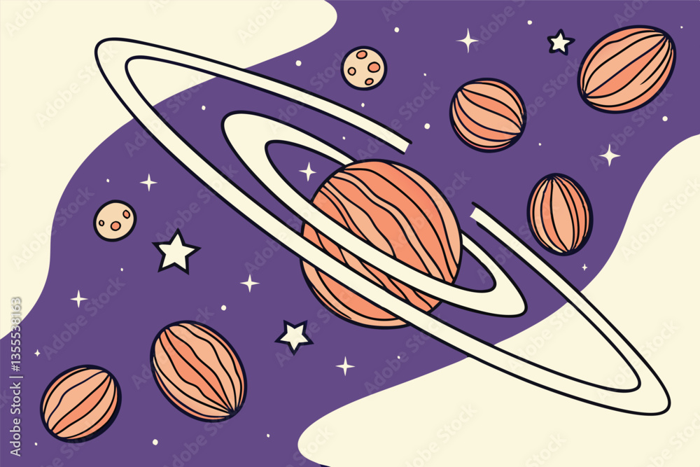 Poster colorful minimal vector illustration of planets and stars in a whimsical space setting with rings an