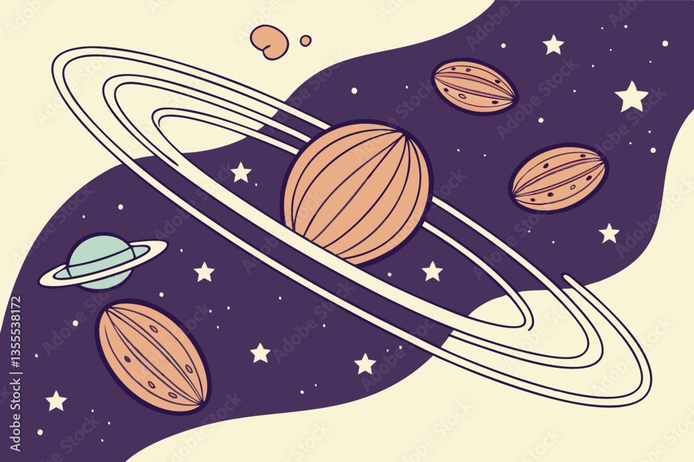 Poster colorful minimal vector illustration of planets and stars in a whimsical space setting with rings an