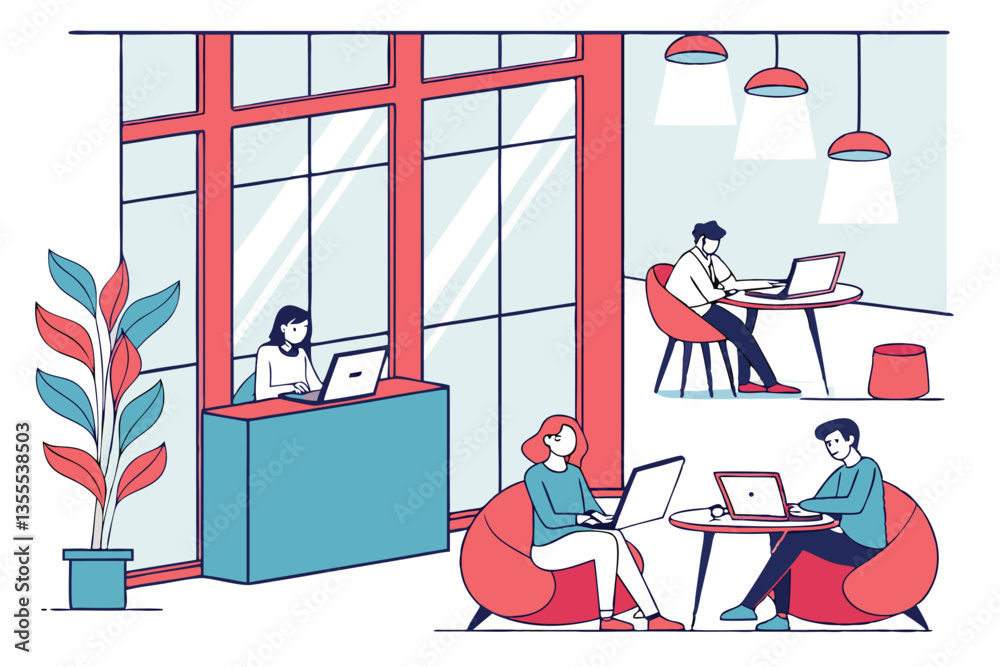 Aufkleber modern workspace featuring individuals engaged in remote work at a minimalistic cafe during the day
