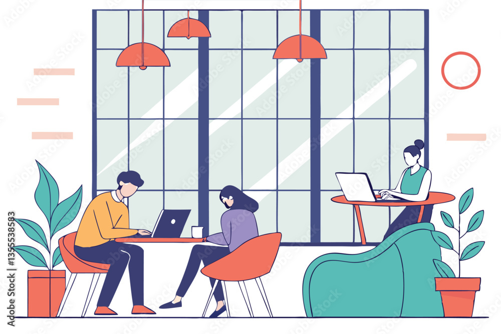 Aufkleber modern workspace featuring individuals engaged in remote work at a minimalistic cafe during the day