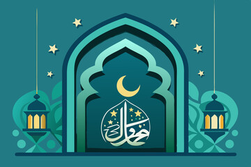 Eid Mubarak celebration with Islamic elements background, ornate lanterns, crescent moon, and mosque silhouette in elegant design