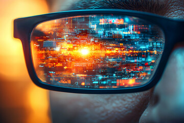 Person wearing glasses with digital interface reflection. Suggests data analysis or a virtual reality. Possible application in advanced technology interfaces.