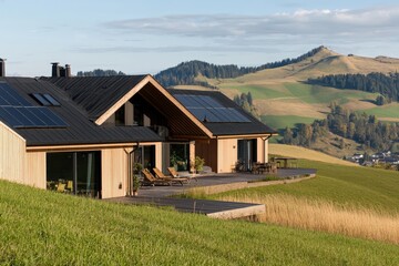 Obraz premium House with Solar Panels on Rolling Hills, with Mountains in the Background